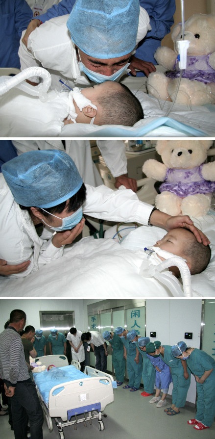 A father and mother kissing their dying little girl goodbye.