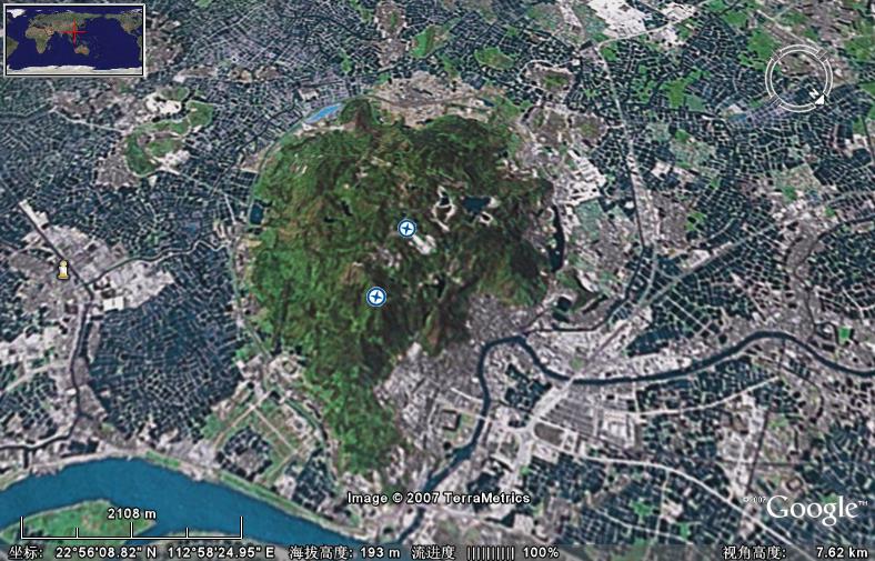 西樵山卫星图，形似龟，穴在头。